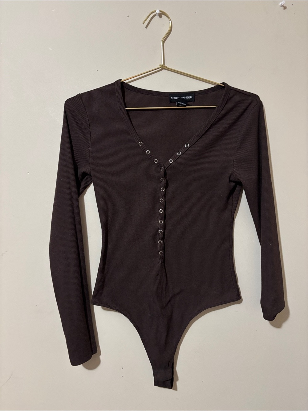 Streetwear Society Chocolate Brown Ribbed Long-Sleeve Snap-Front Bodysuit